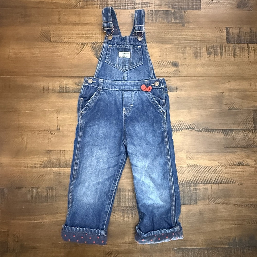OshKosh B'gosh Girls 3T Denim Polka Dot Fleece-Lined Bib Overalls Vestbak